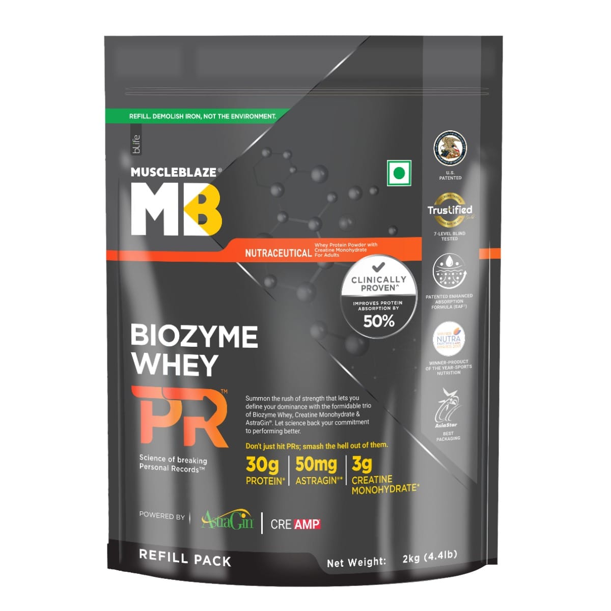 

MuscleBlaze Biozyme Whey Protein PR with 30g Protein, 3g Creatine Monohydrate & 50mg AstraGin Molten Chocolate Cake (2kg Refill Pack) | Trustified ...