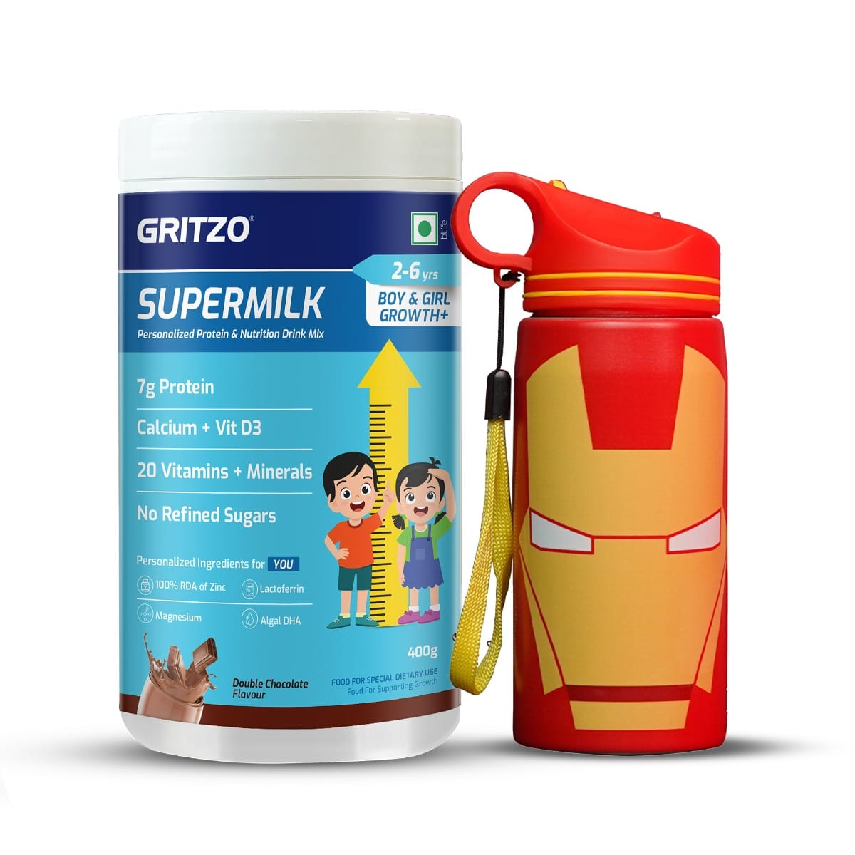 Gritzo SuperMilk Growth+ (Formerly Height+) (2-6y Boy & Girl), 7g Protein Powder (Double Chocolate, 400g) with Ironman Sipper Bottle (Red, 500ml)