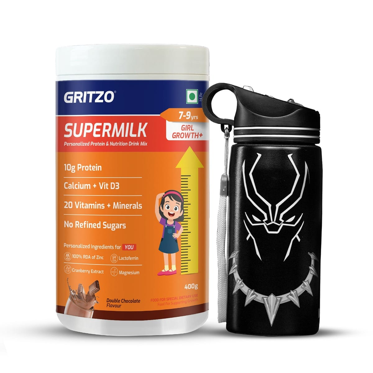 

Gritzo SuperMilk Growth+ (Formerly Height+) (7-9y Girls), 10g Protein Powder (Double Chocolate, 400g) with Black Panther Sipper Bottle (Black, 500ml)