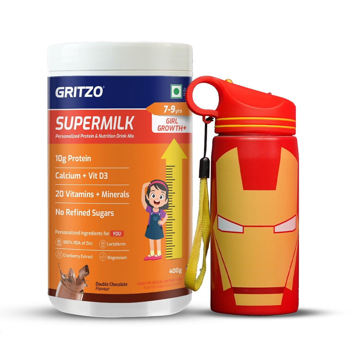 Gritzo SuperMilk Growth+ (Formerly Height+) (7-9y Girls), 10g Protein Powder (Double Chocolate, 400g) with Ironman Sipper Bottle (Red, 500ml)