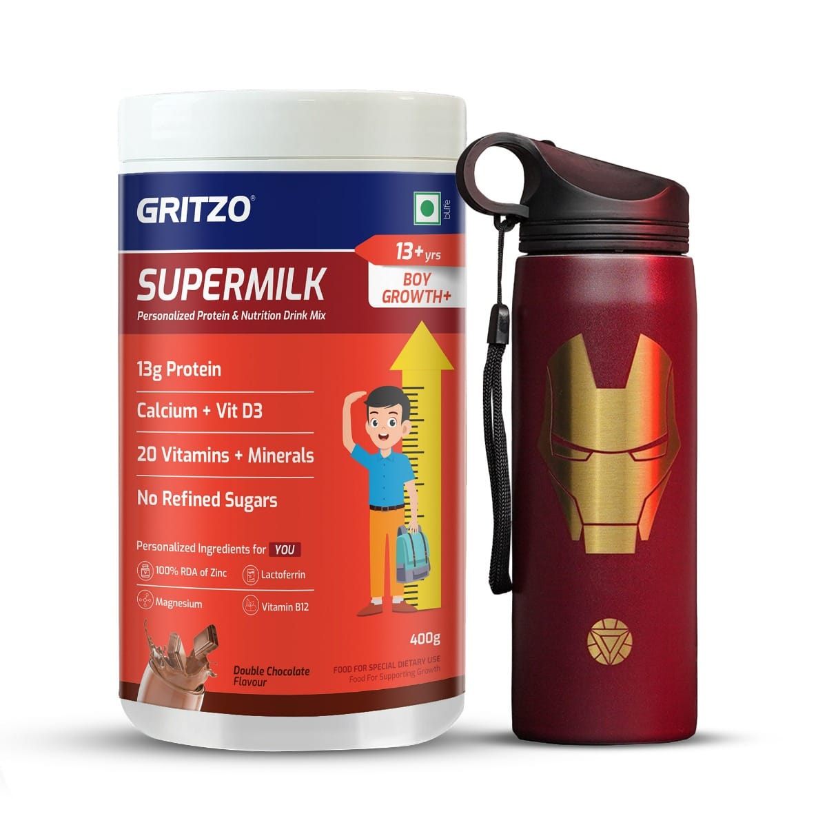 Gritzo SuperMilk Growth+ (Formerly Height+) (13+y Boys), 13g Protein Powder (Double Chocolate, 400g) with Ironman Sipper Bottle (Red, 700ml)