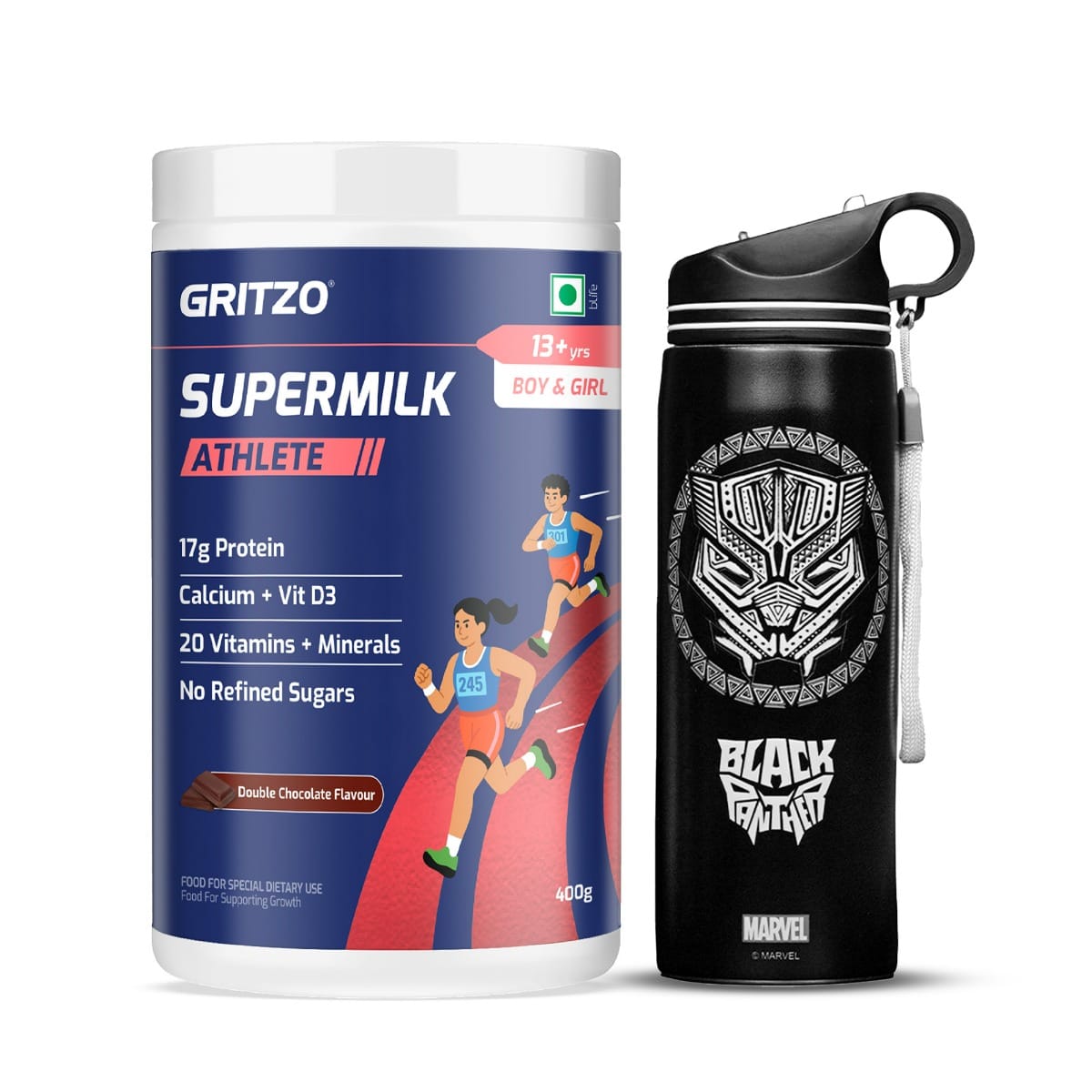 

Gritzo SuperMilk Athlete (13+y Boy & Girl), 17g Protein Powder (Double Chocolate, 400g) with Black Panther Sipper Bottle (Black, 700ml)