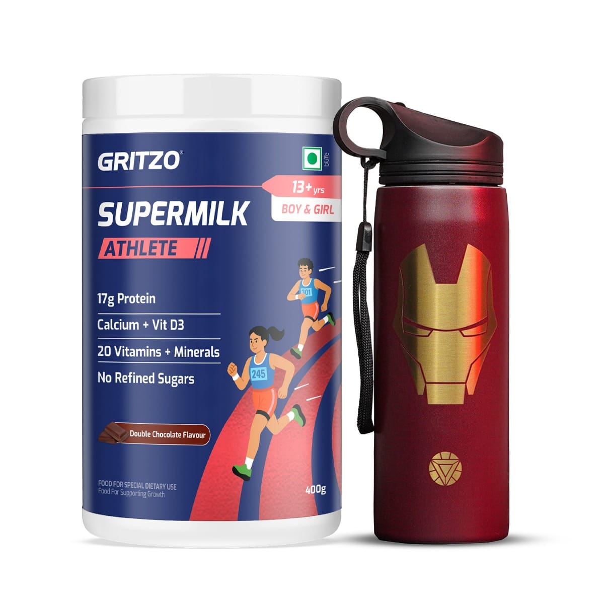 Gritzo SuperMilk Athlete (13+y Boy & Girl), 17g Protein Powder (Double Chocolate, 400g) with Ironman Sipper Bottle (Red, 700ml)