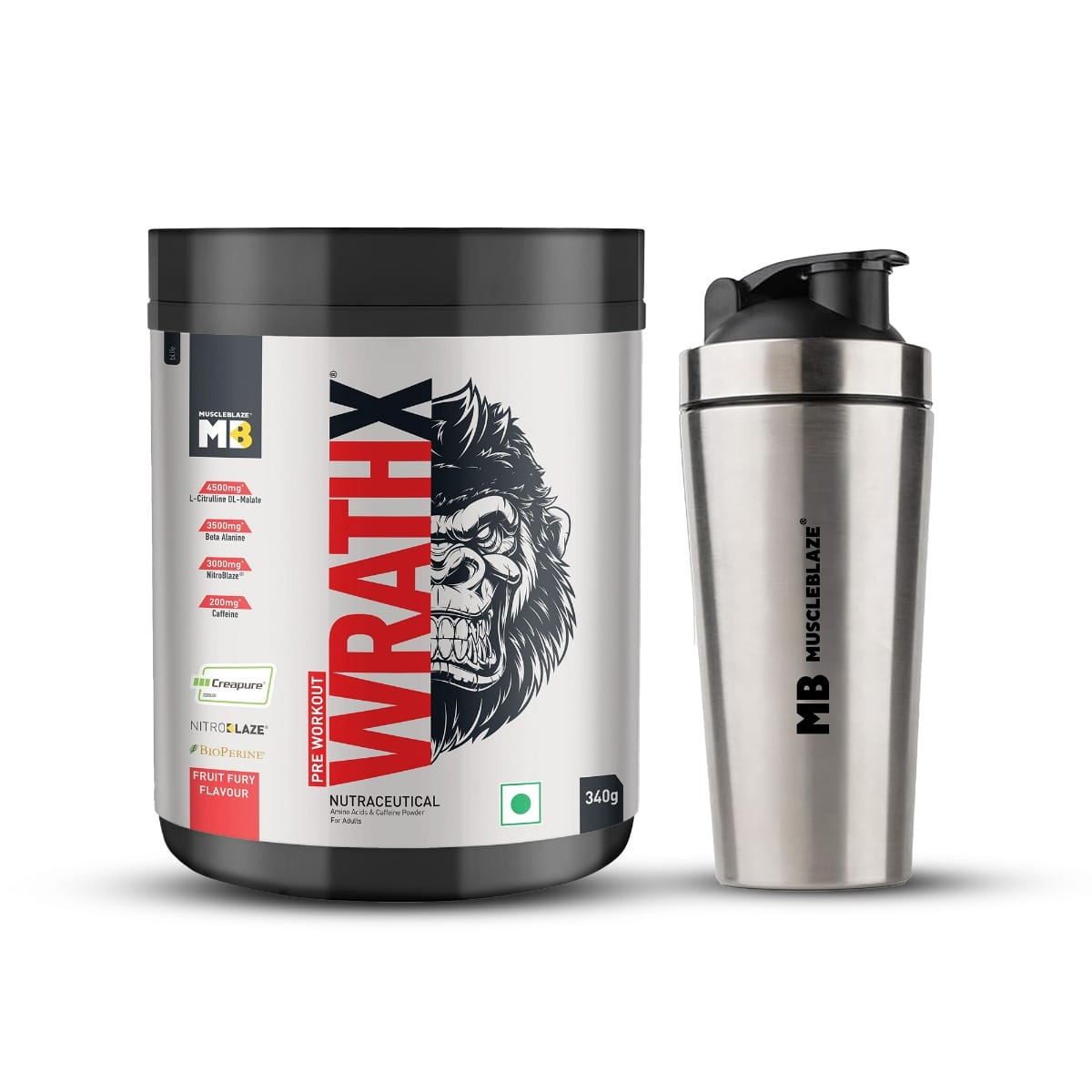 

MuscleBlaze Pre Workout WrathX with Creapure, Nitroblaze & BioPerine (Fruit Fury, 340 g, 20 Servings) with Gym Steel Shaker