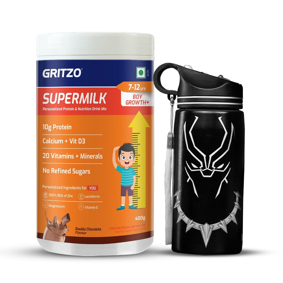

Gritzo SuperMilk Growth+ (Formerly Height+) (7-12y Boys), 10g Protein Powder (Double Chocolate, 400g) with Black Panther Sipper Bottle (Black, 500ml)