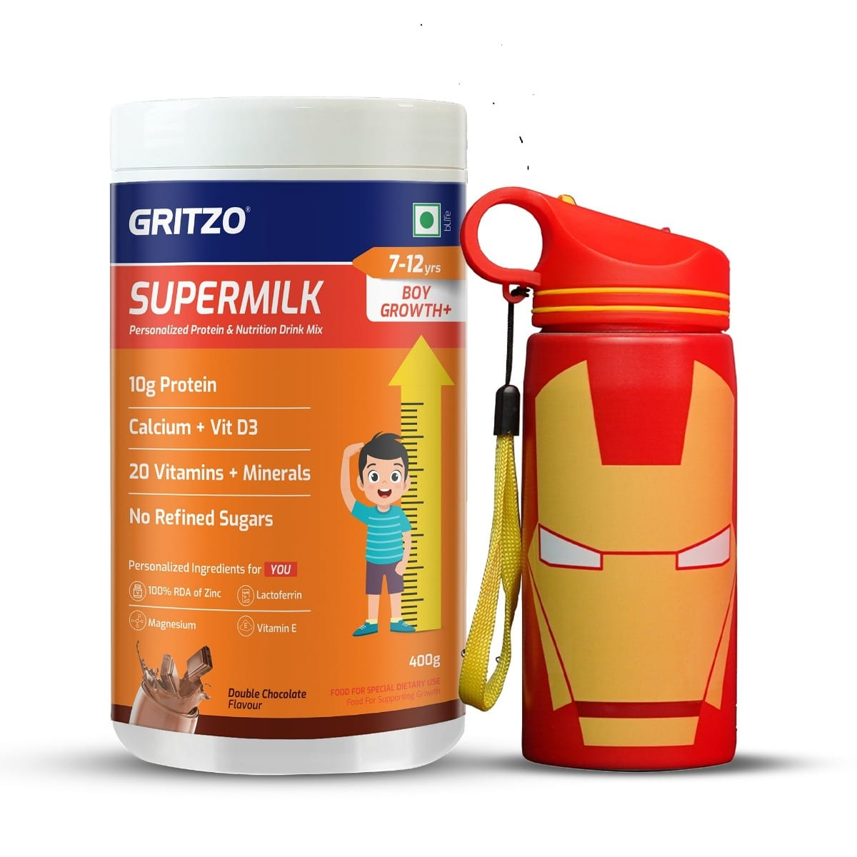 Gritzo SuperMilk Growth+ (Formerly Height+) (7-12y Boys), 10g Protein Powder (Double Chocolate, 400g) with Ironman Sipper Bottle (Red, 500ml)