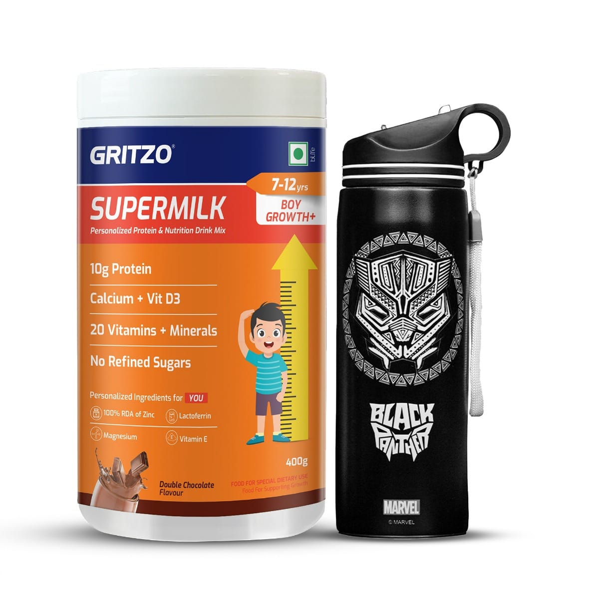 

Gritzo SuperMilk Growth+ (Formerly Height+) (7-12y Boys), 10g Protein Powder (Double Chocolate, 400g) with Black Panther Sipper Bottle (Black, 700ml)