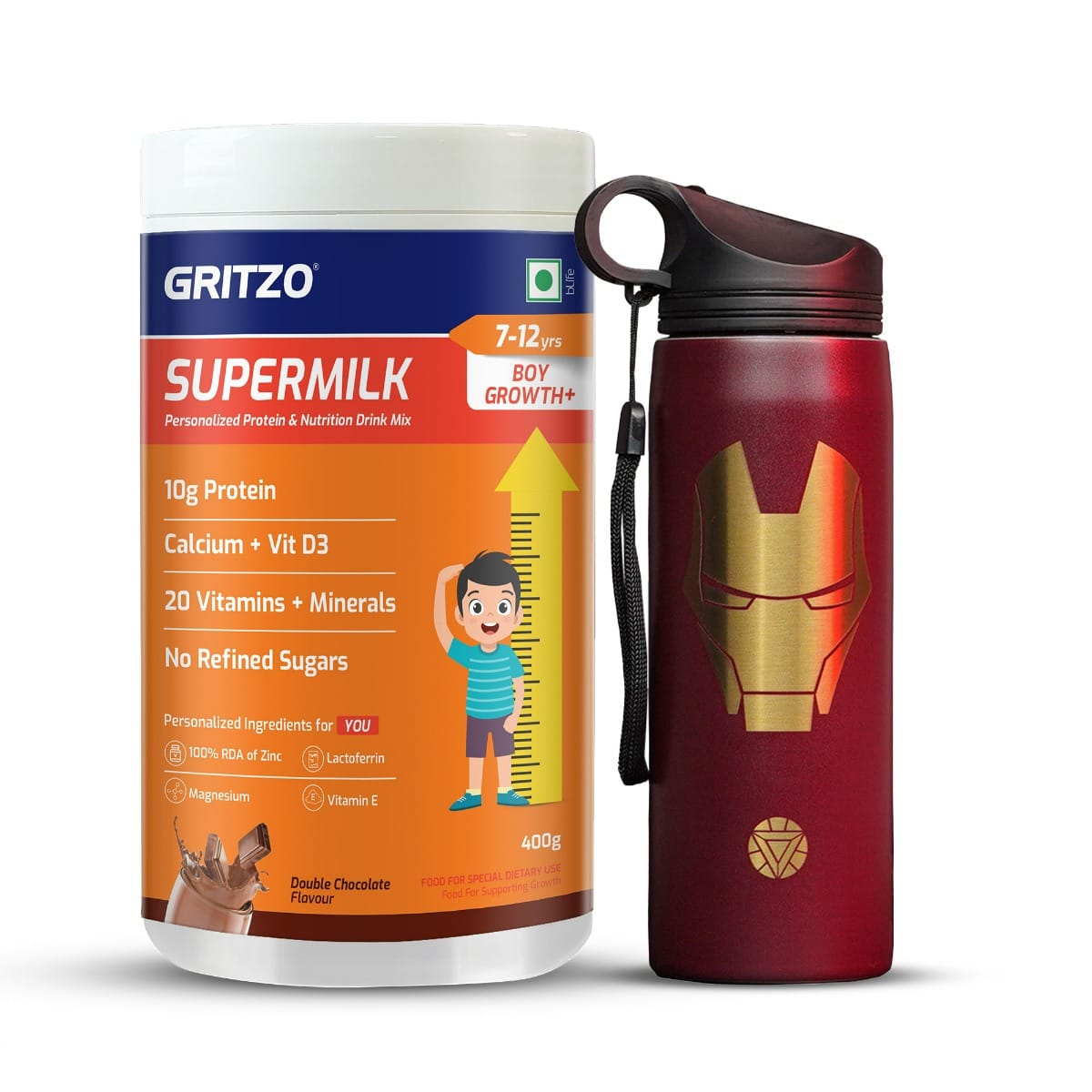 Gritzo SuperMilk Growth+ (Formerly Height+) (7-12y Boys), 10g Protein Powder (Double Chocolate, 400g) with Ironman Sipper Bottle (Red, 700ml)