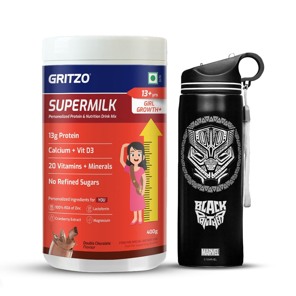 

Gritzo SuperMilk Growth+ (Formerly Height+) (13+y Girls), 13g Protein Powder (Double Chocolate, 400g) with Black Panther Sipper Bottle (Black, 700ml)