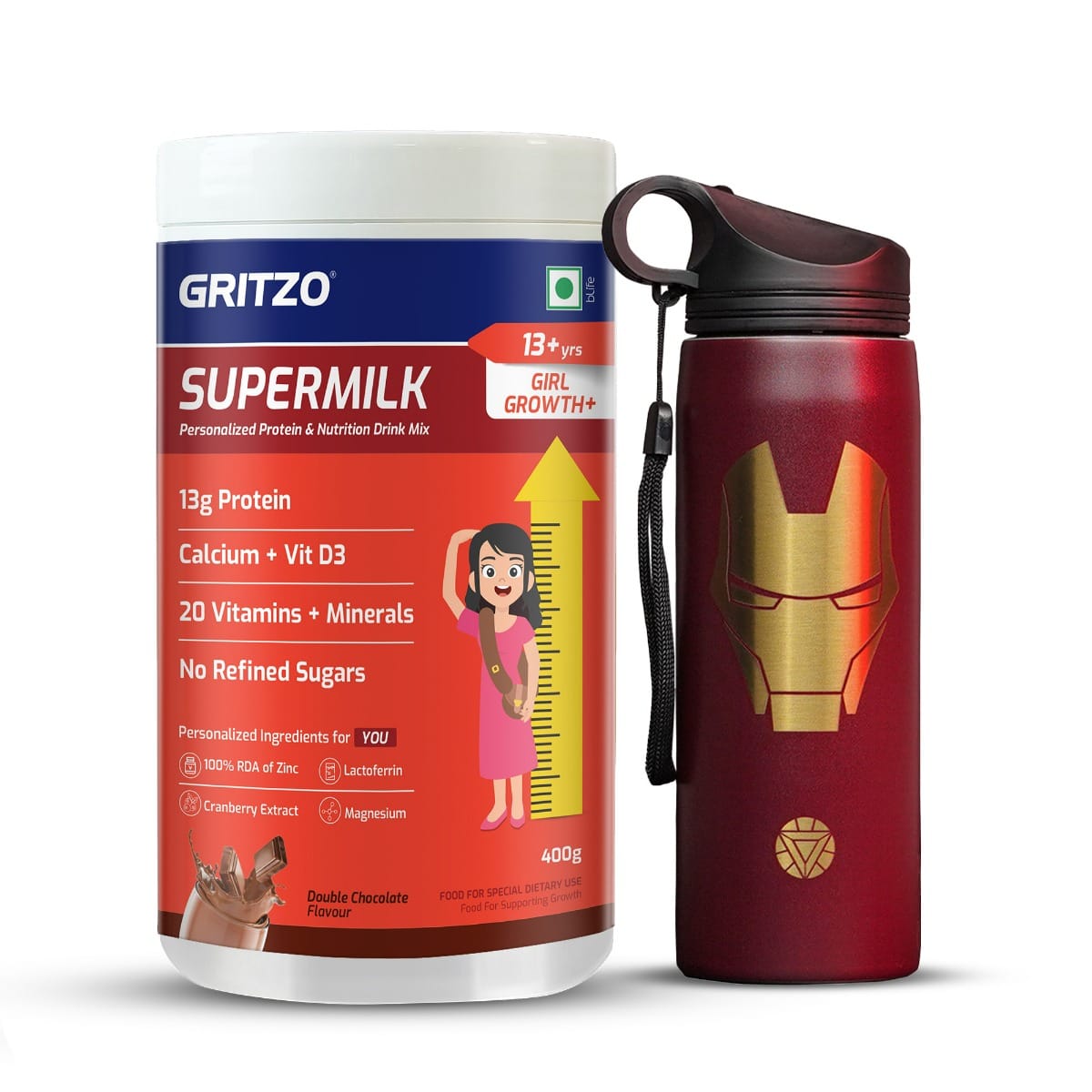Gritzo SuperMilk Growth+ (Formerly Height+) (13+y Girls), 13g Protein Powder (Double Chocolate, 400g) with Ironman Sipper Bottle (Red, 700ml)