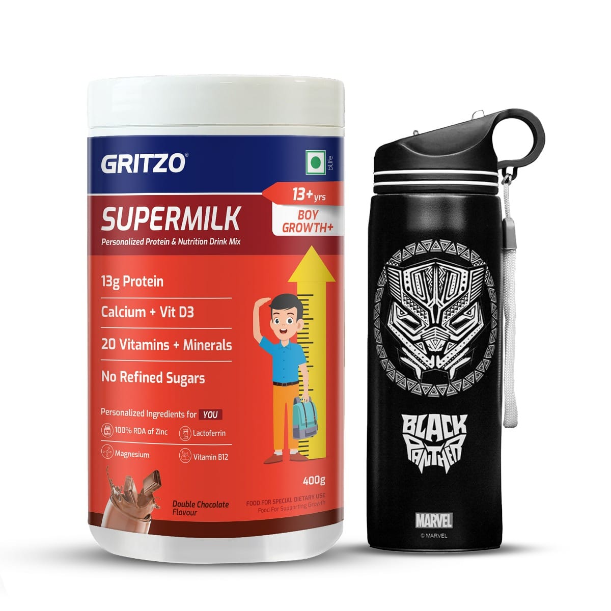 

Gritzo SuperMilk Growth+ (Formerly Height+) (13+y Boys), 13g Protein Powder (Double Chocolate, 400g) with Black Panther Sipper Bottle (Black, 700ml)