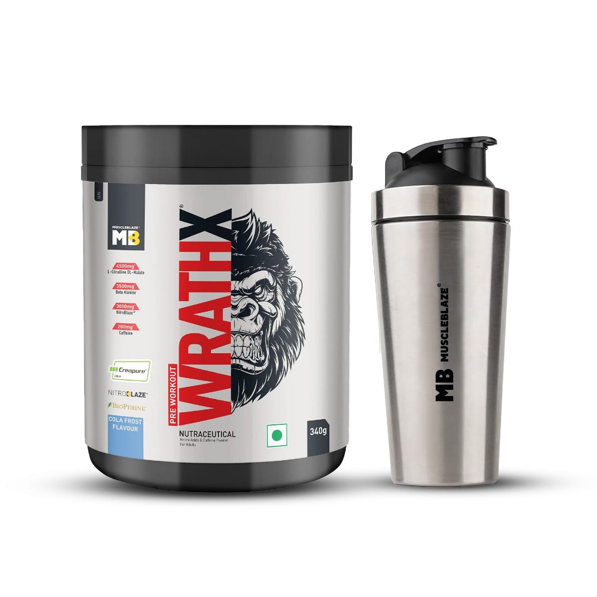 

MuscleBlaze Pre Workout WrathX with Creapure, Nitroblaze & BioPerine (Cola Frost, 340 g, 20 Servings) with Gym Steel Shaker