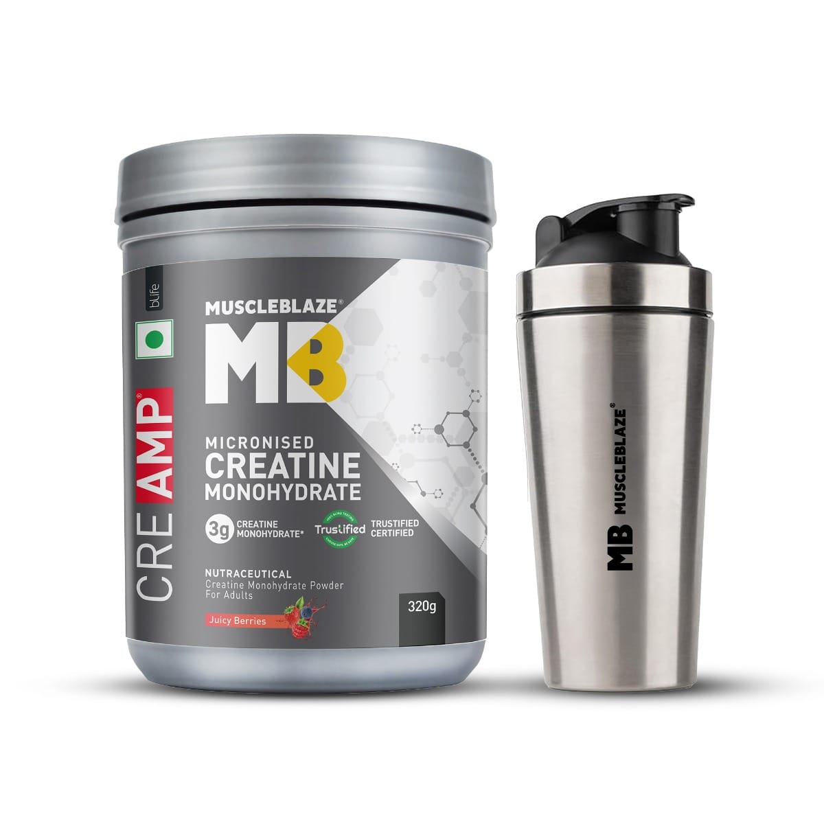 

MuscleBlaze Micronised Creatine Monohydrate CreAMP Powder (Juicy Berries, 80 Servings, 320g) | Trustified Certified Creatine with Gym Steel Shaker