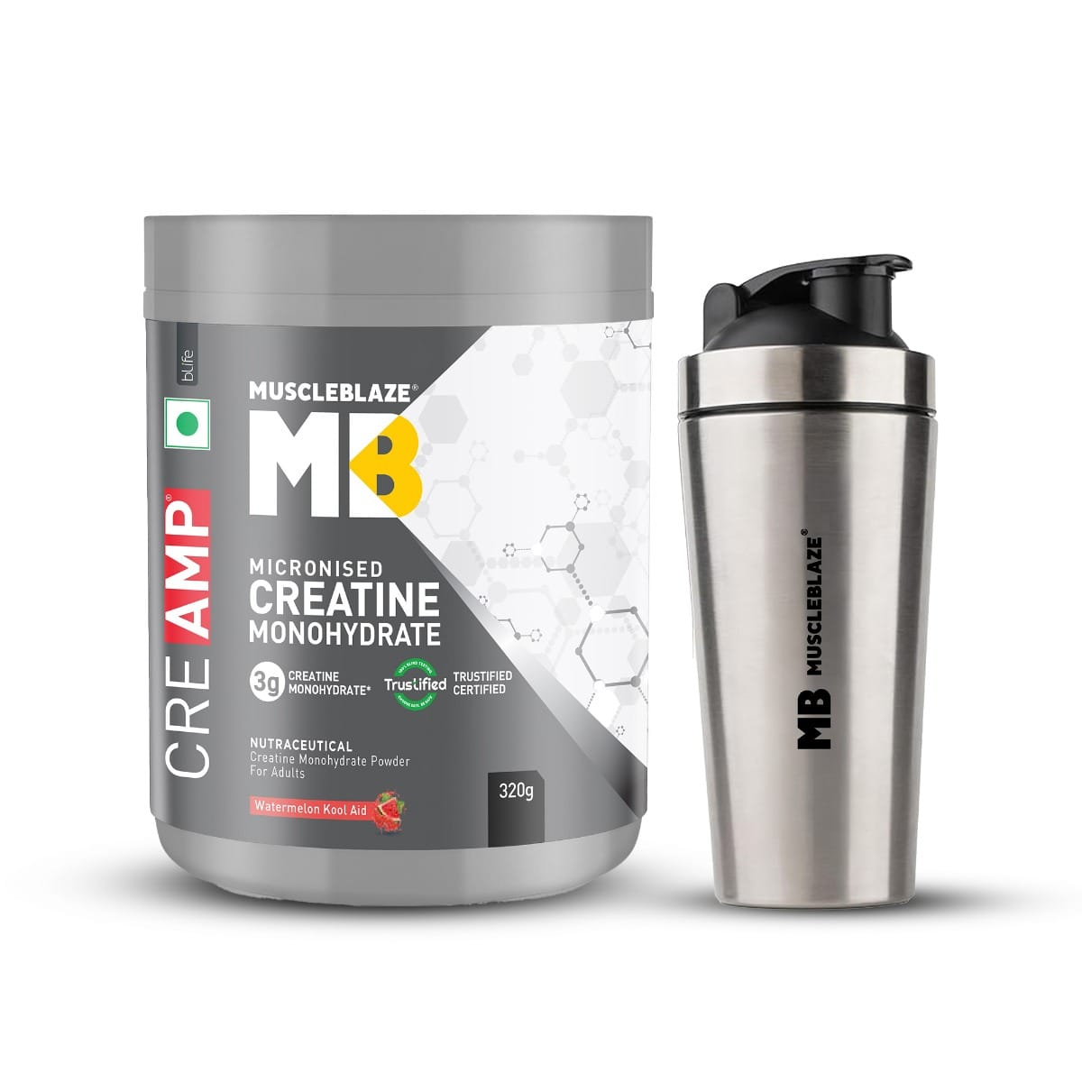 

MuscleBlaze Micronised Creatine Monohydrate CreAMP Powder (Watermelon Kool Aid, 80 Servings, 320g) |Trustified Certified Creatine with Gym Steel Sh...