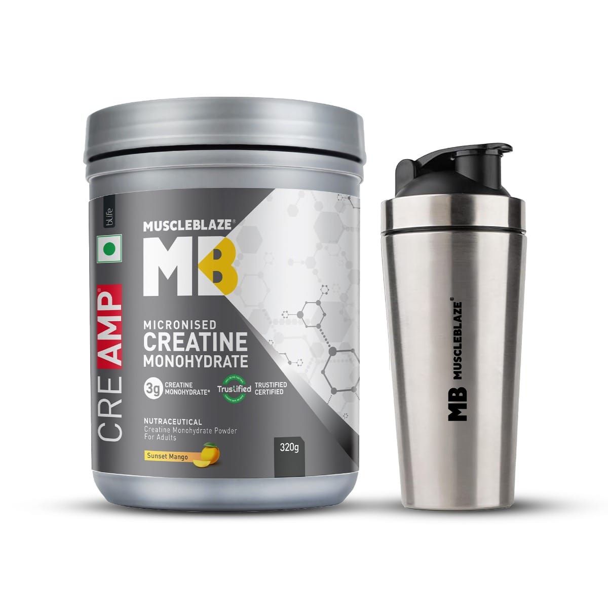 

MuscleBlaze Micronised Creatine Monohydrate CreAMP (Sunset Mango, 80 Servings, 320g) | Trustified Certified Creatine with Gym Steel Shaker