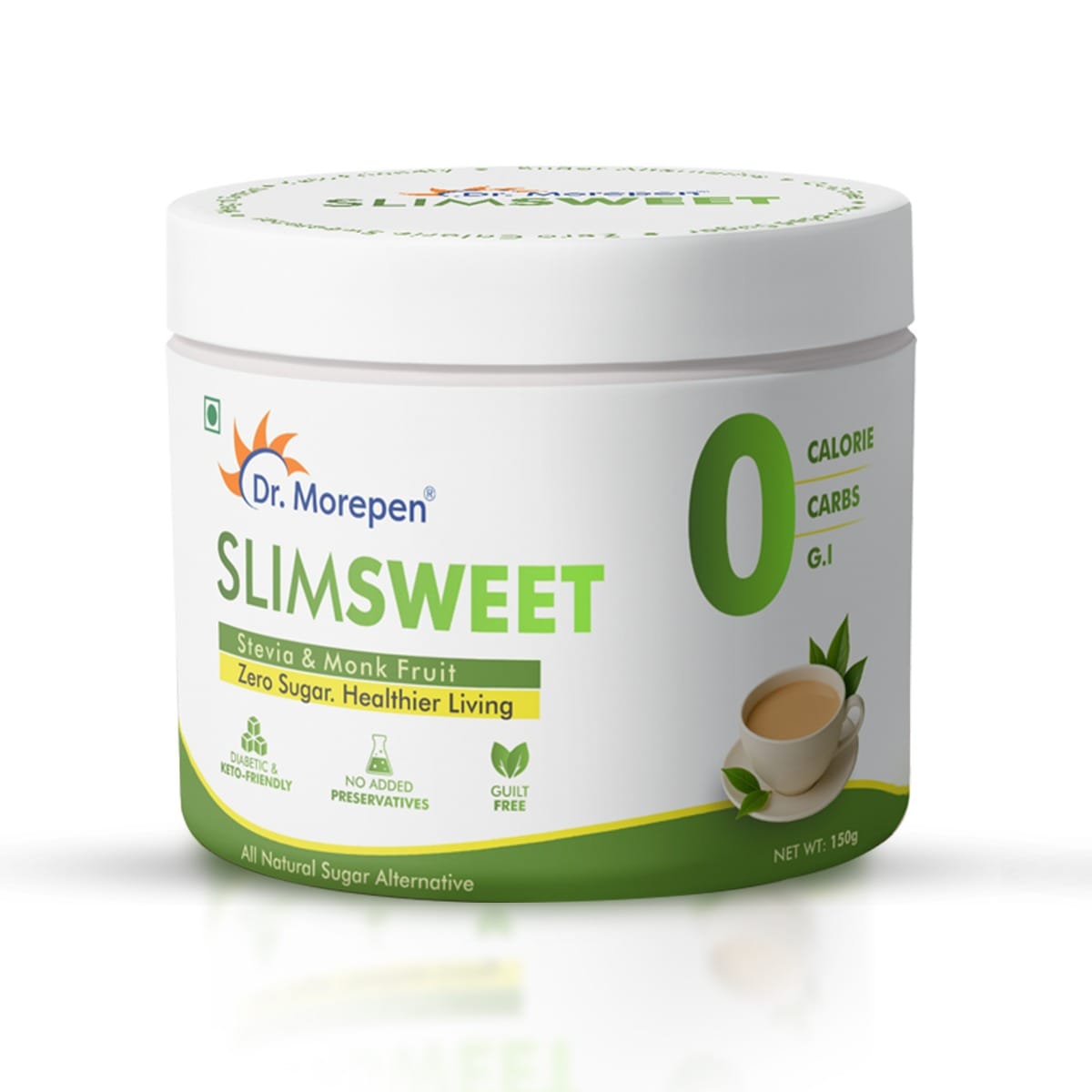 DR. MOREPEN SlimSweet Natural Sugar Substitute with Stevia & Monk Fruit, Zero Calorie, Zero Sugar, Keto-Friendly Sweetener – 150g