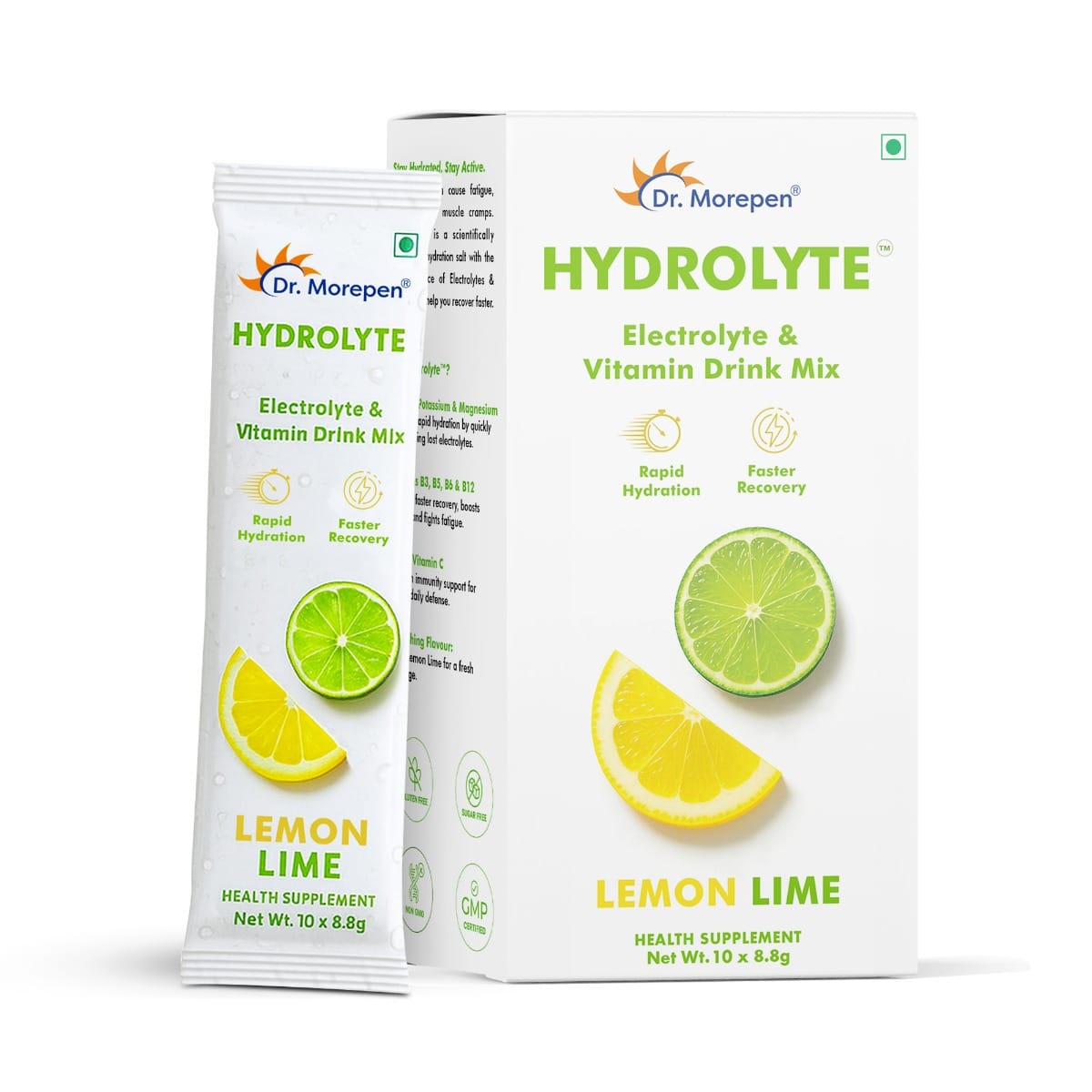 

DR. MOREPEN Hydrolyte Electrolyte & Vitamin Drink Mix for Rapid Hydration & Faster Recovery, Lemon Lime Flavour – 10 Sachets (8.8g Each)