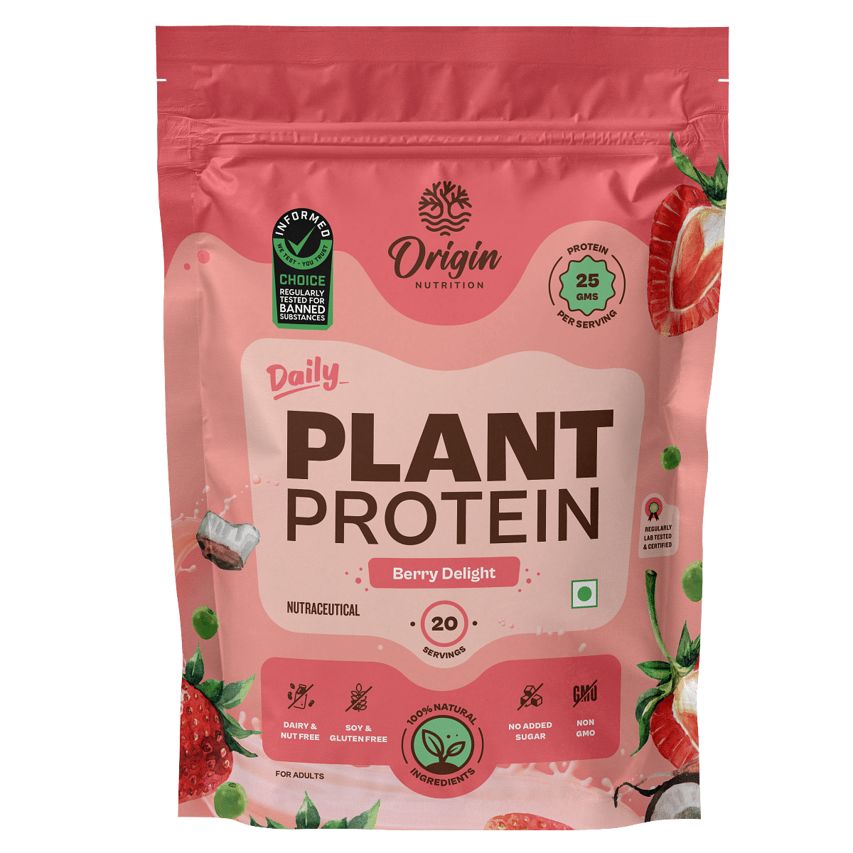 

Origin Nutrition Plant Protein Powder Strawberry Flavour with 25g Protein per serving, 818g
