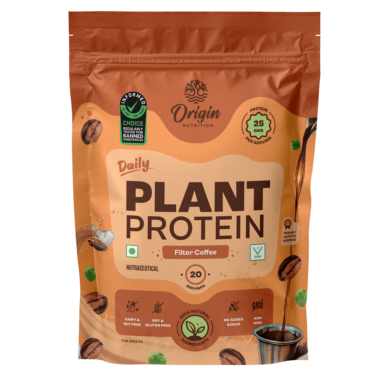 

Origin Nutrition Plant Protein Powder Filter Coffee Flavour with 25g Protein per serving,812g