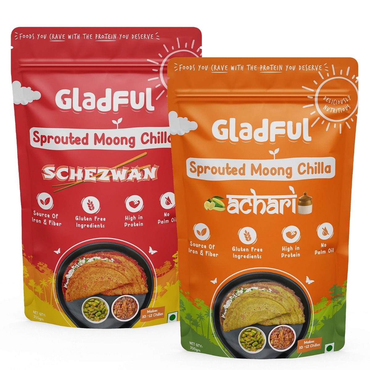Gladful Achari Chilla and Schezwan Chilla Instant Mix - 200g each