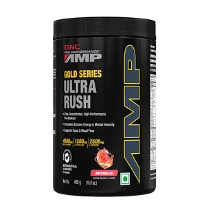 GNC AMP Gold Series Ultra Rush | Maximum Energy & Stamina | Deep Mental Focus | Powerful Muscle Pump | USA Formulated | 4.5g Beta-Alanine | 1.5g L-Citrulline | 2.5g L-Arginine | Watermelon | 450 g