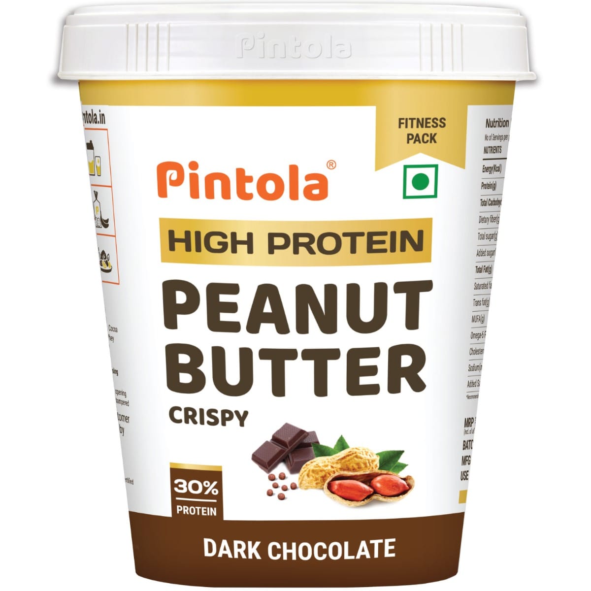Pintola HIGH Protein Peanut Butter Dark Chocolate | 30% Protein | High Fibre | NO Salt | Non GMO, Naturally Gluten Free, Zero Cholesterol | Crispy