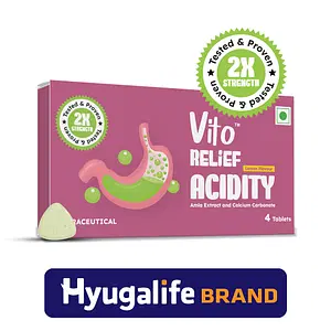 VITO Relief Acidity chewable tablets help to alleviate the symptoms of heartburn and acidity powered by natural ingredients with long lasting relief, Lemon flavour
