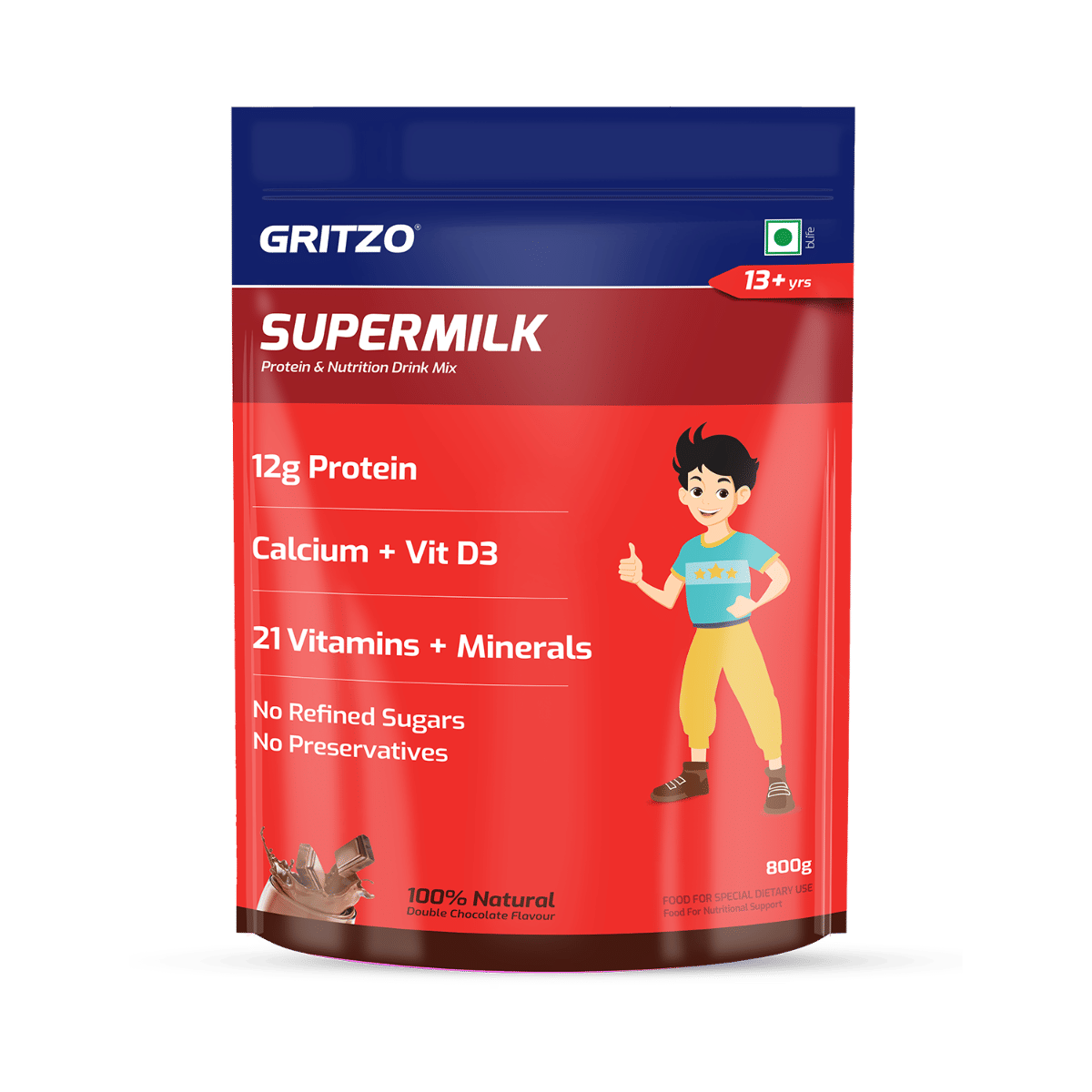 

Gritzo SuperMilk Daily Nutrition (13+y Teen Athletes), 12g Protein (Double Chocolate, 800g) | Zero Refined Sugar, 21 Vitamins & Minerals