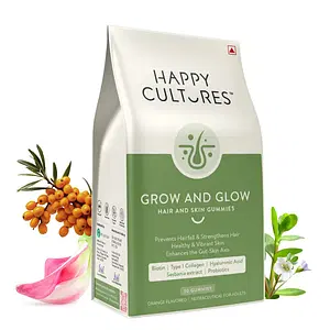 Happy Cultures Grow and Glow Gummies for Hair Growth, Skin Glow, Strong Nails Contains Biotin, Probiotics, Hyaluronic acid, Collagen, No Added Sugar - Orange Flavor, 30 Gummies (Pack of 1)