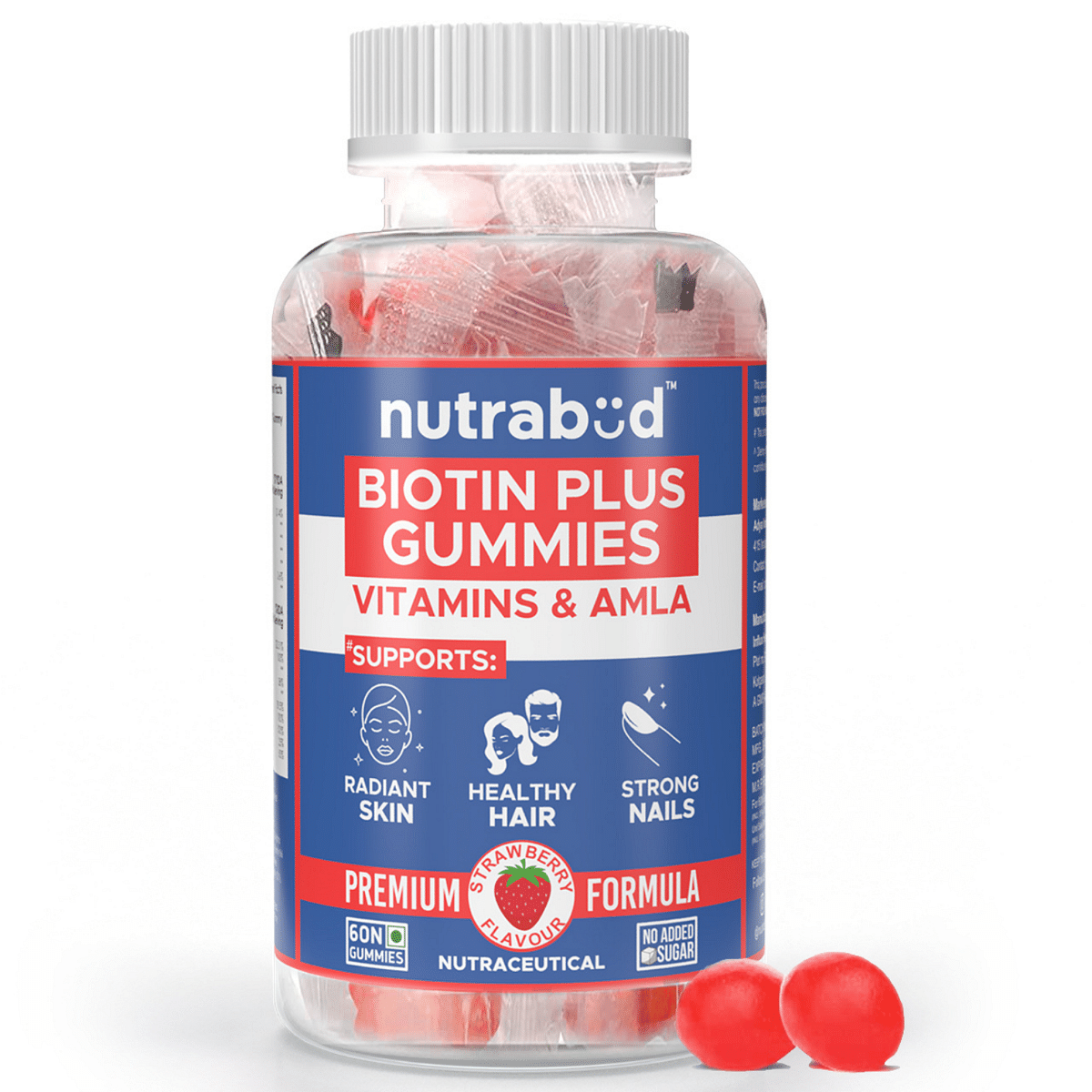 

Nutrabud Biotin Hair Gummies For Women, Men | No Added Sugar | For Healthy Hair Growth, Skin Glow & Strong Nails | Strawberry Flavor Veg Gummy Bear...