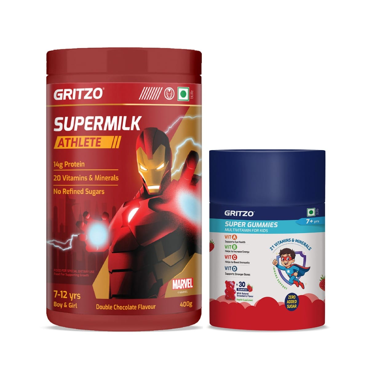 Gritzo SuperMilk Athlete Iron Man (7-12y Boy & Girl), 14g Protein Powder (Double Chocolate, 400g) with Super Gummies (7+y Kids) (Strawberry Flavour, 30 Gummies) | Pack of 2