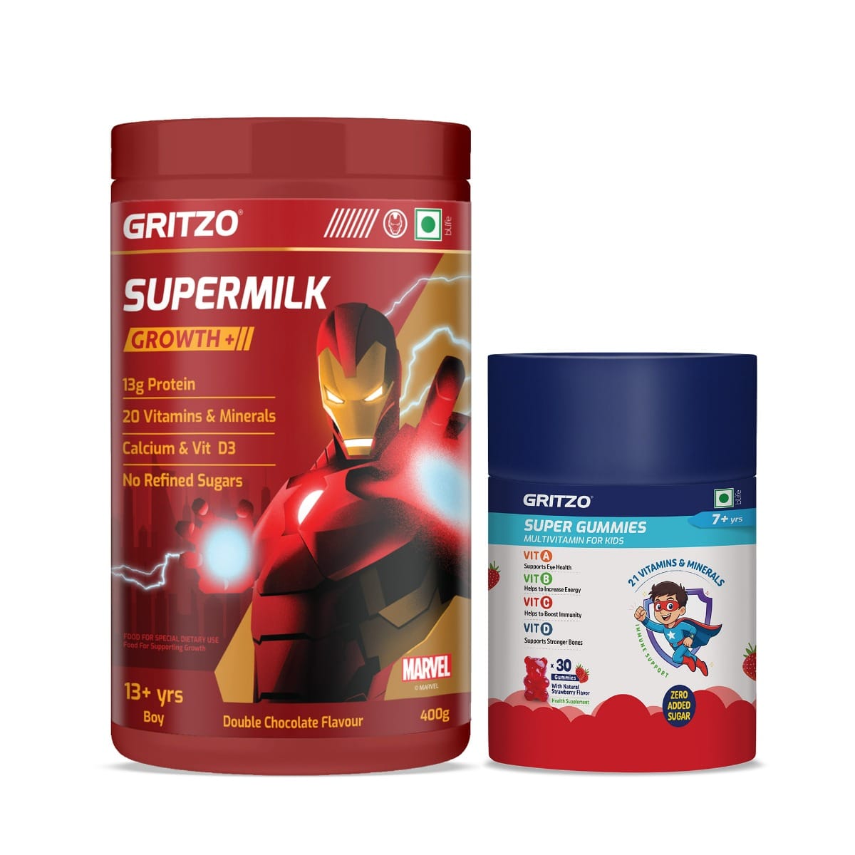 Gritzo SuperMilk Growth+ Iron Man (13+y Boy), 13g Protein Powder (Double Chocolate, 400g) with Super Gummies (7+y Kids) (Strawberry Flavour, 30 Gummies) | Pack of 2