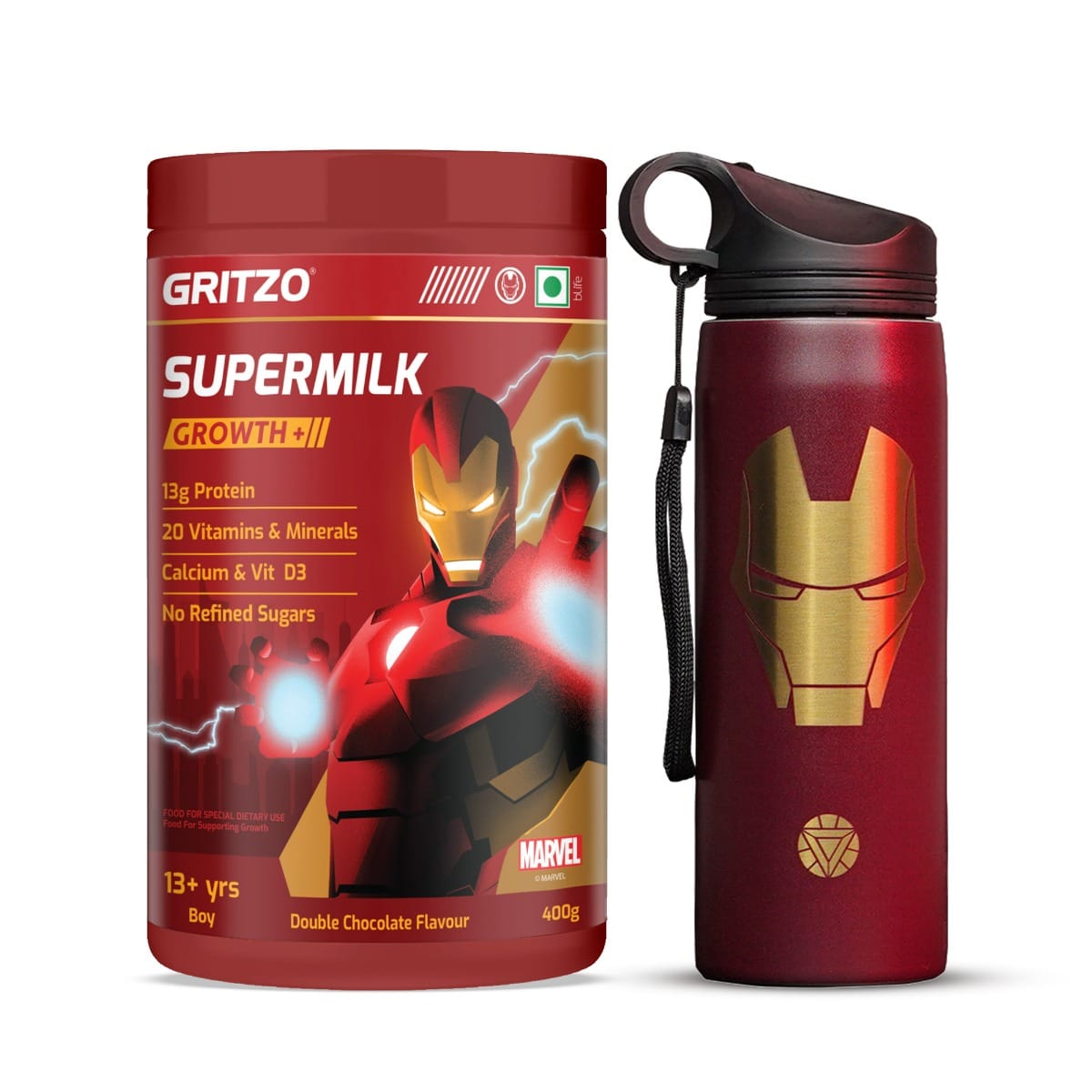 Gritzo SuperMilk Growth+ Iron Man (13+y Boy), 13g Protein Powder (Double Chocolate, 400g) with Ironman Sipper Bottle (Red, 700ml)