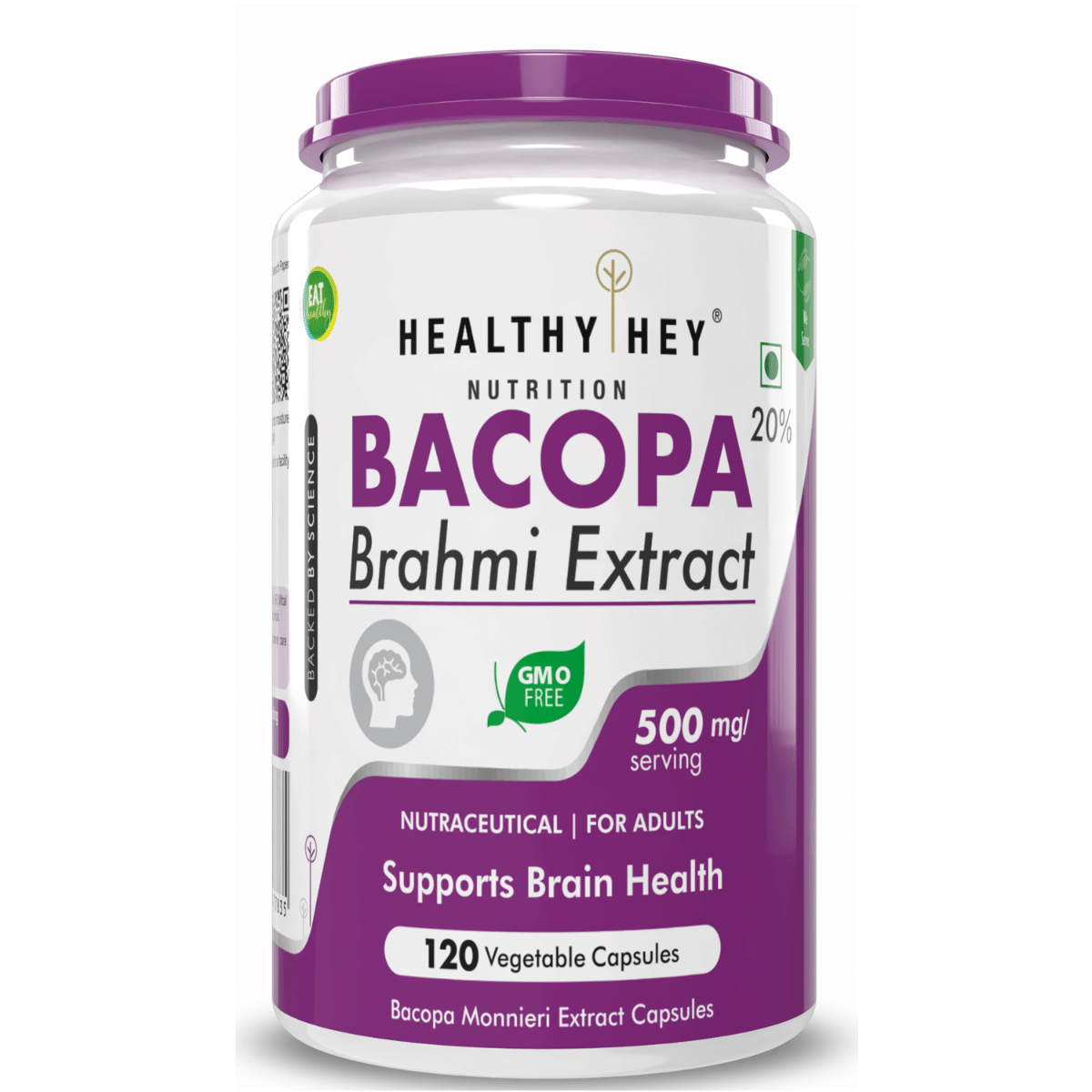 

HealthyHey Nutrition Brahmi - Bacopa Monnieri- 500 mg - Support Memory and Brain Health - 120 Veg Capsules