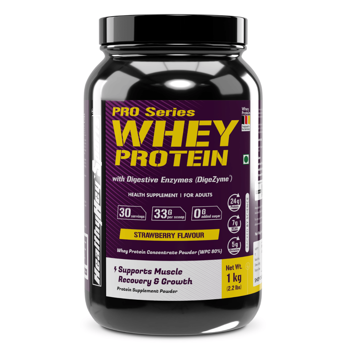 

HealthyHey Sports Whey Protein Concentrate - 1 KG - Helps in Muscle Synthesis (Strawberry, 1 kg)