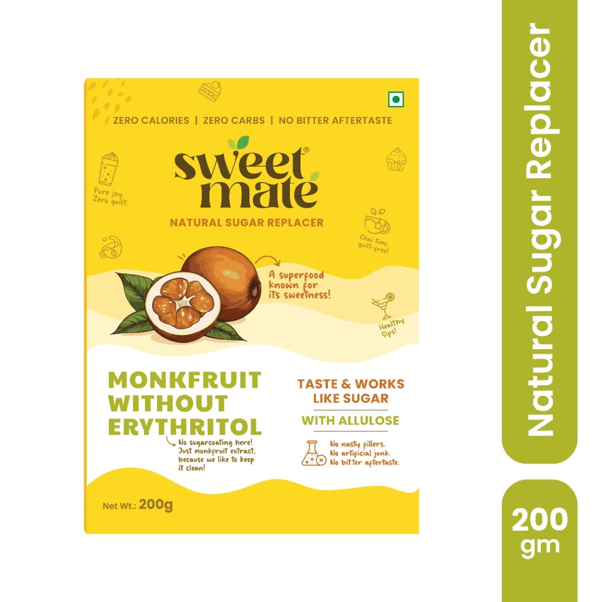 Sweetmate Monk Fruit Sweetener Without Erythritol | Pure Monkfruit Extract | Zero-Calorie Sugar Substitute | 1:1 Sugar Replacer for Cooking & Baking | Keto & Diabetic Friendly