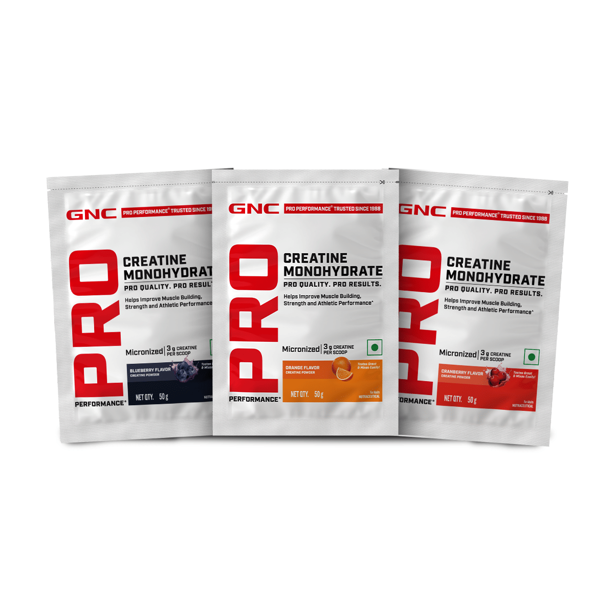 

GNC Pro Performance Creatine Monohydrate 50 g | Assorted Pack of 3 | Orange, Blueberry & Cranberry
