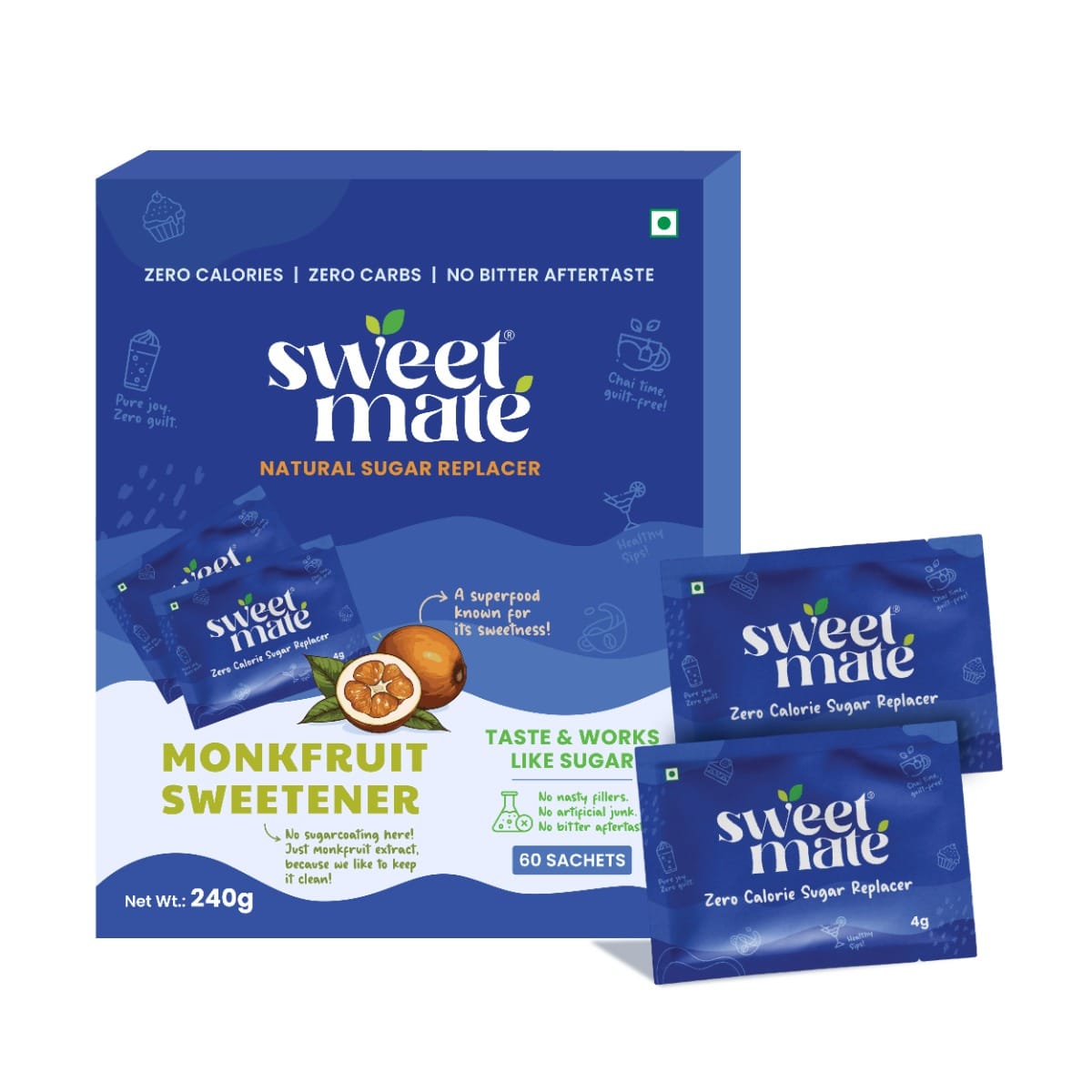Sweetmate Monk Fruit Natural Sweetener Sachets | 1:1 Sugar Substitute | Zero Calorie, Keto & Diabetic Friendly | 60 Sachets
