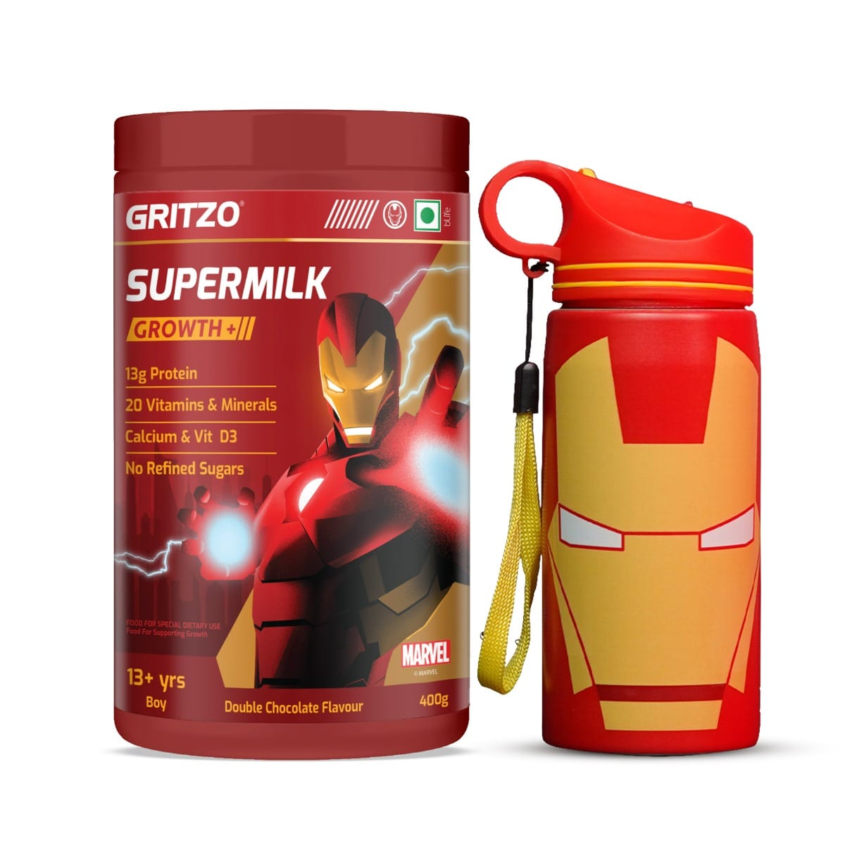 Gritzo SuperMilk Growth+ Iron Man (13+y Boy), 13g Protein Powder (Double Chocolate, 400g) with Ironman Sipper Bottle (Red, 500ml)