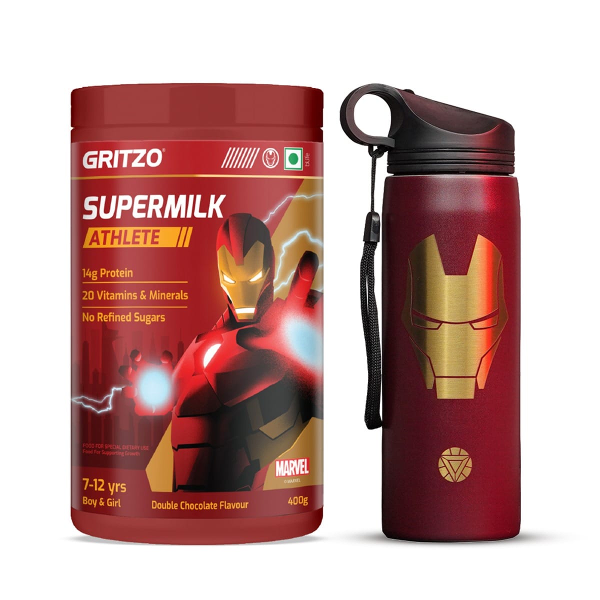 Gritzo SuperMilk Athlete Iron Man (7-12y Boy & Girl), 14g Protein Powder (Double Chocolate, 400g) with Ironman Sipper Bottle (Red, 700ml)