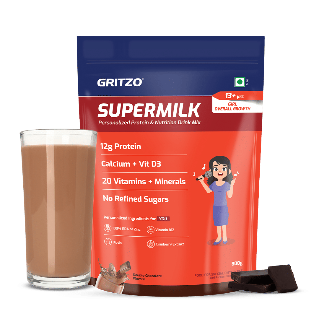 

Gritzo SuperMilk Overall Growth (13+y Girls), 12g Protein Powder (Double Chocolate, 800g) | Zero Refined Sugar, 20 Vitamins & Minerals