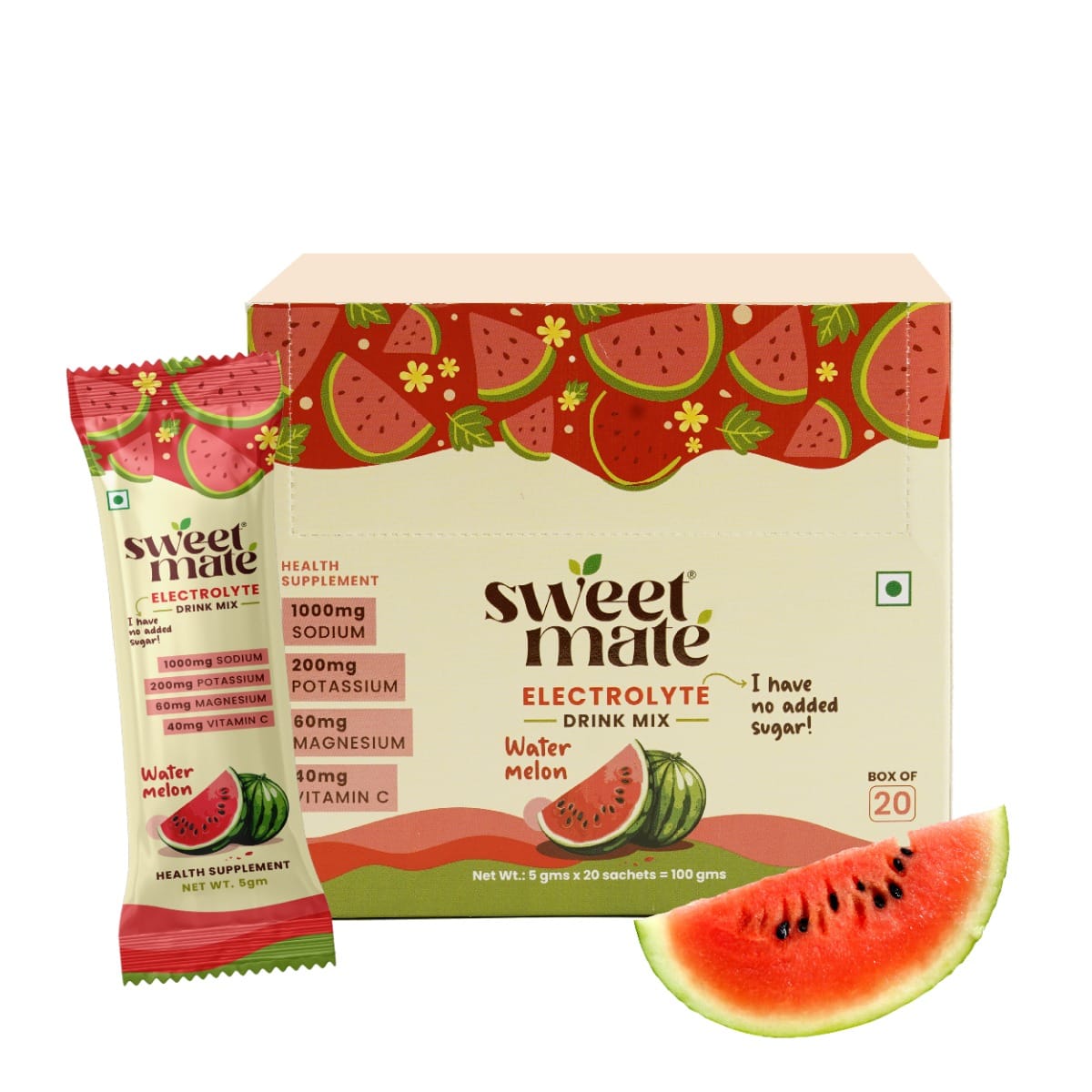 

Sweetmate Zero Sugar Watermelon Electrolytes (20 Sachets) - Sweetened with Stevia, No Preservatives | 10x Electrolytes, Keto & Vegan Friendly