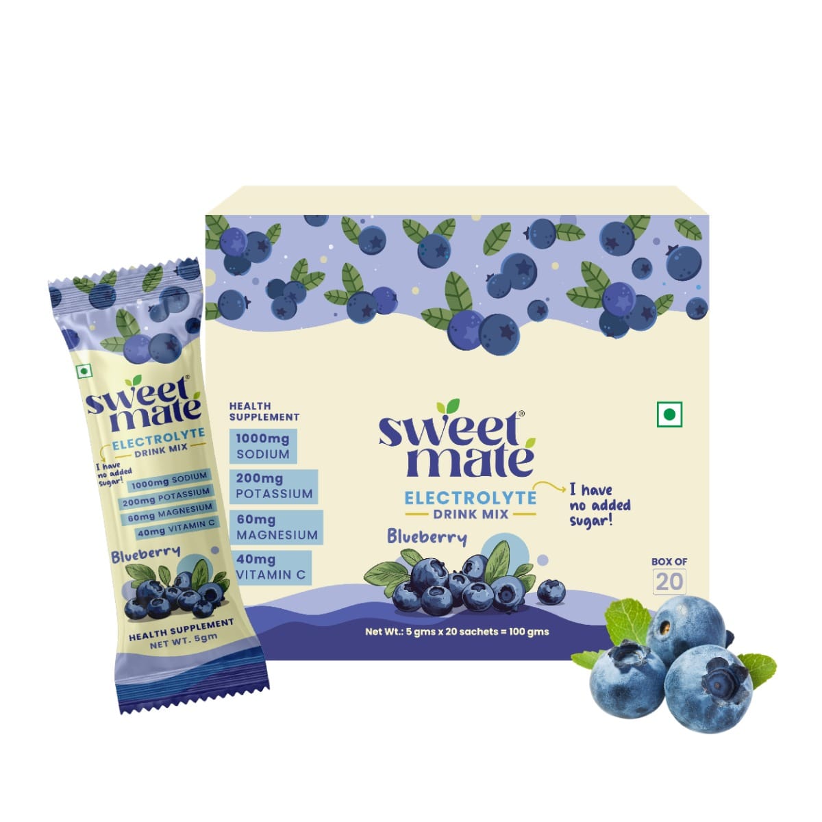 

Sweetmate Electrolyte Drink | Blueberry | 20 Sachets | Clean Hydration Formula | Sugar-Free | With Electrolytes for Post-Workout & Daily Use