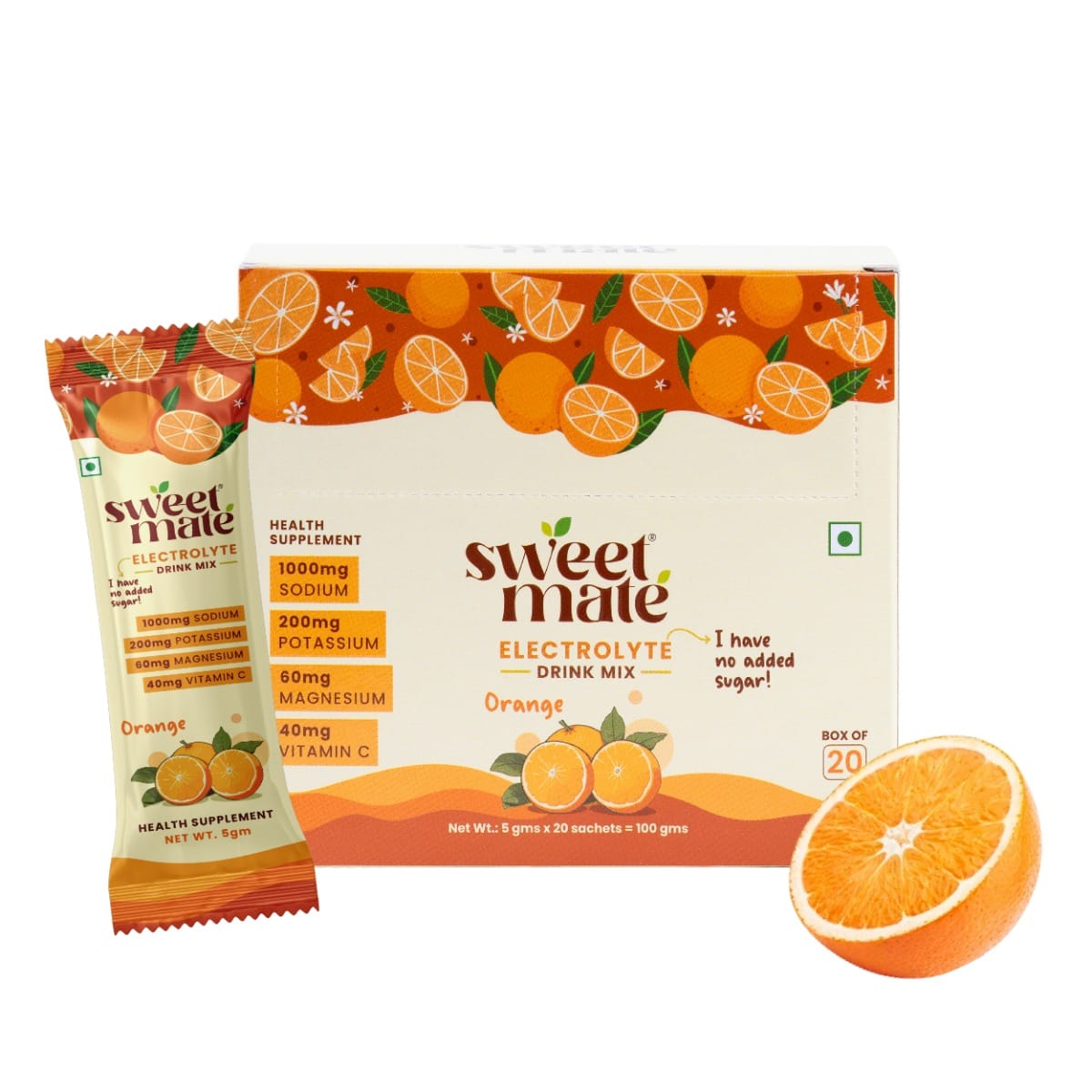 

Sweetmate Zero Sugar Orange Electrolyte Drink Mix (20 Sachets) – Sweetened with Stevia, No Preservatives | 10x Electrolytes, Keto & Vegan Friendly