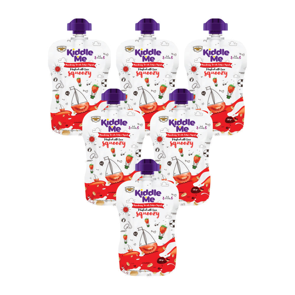 

Kiddle Me Squeezy Fruit Puree (120g-Pack of 6) | Yogurt Squeezy with Strawberry+Tomato & Oats | Fruit Puree Based Healthy Fortified Snacks for Kids
