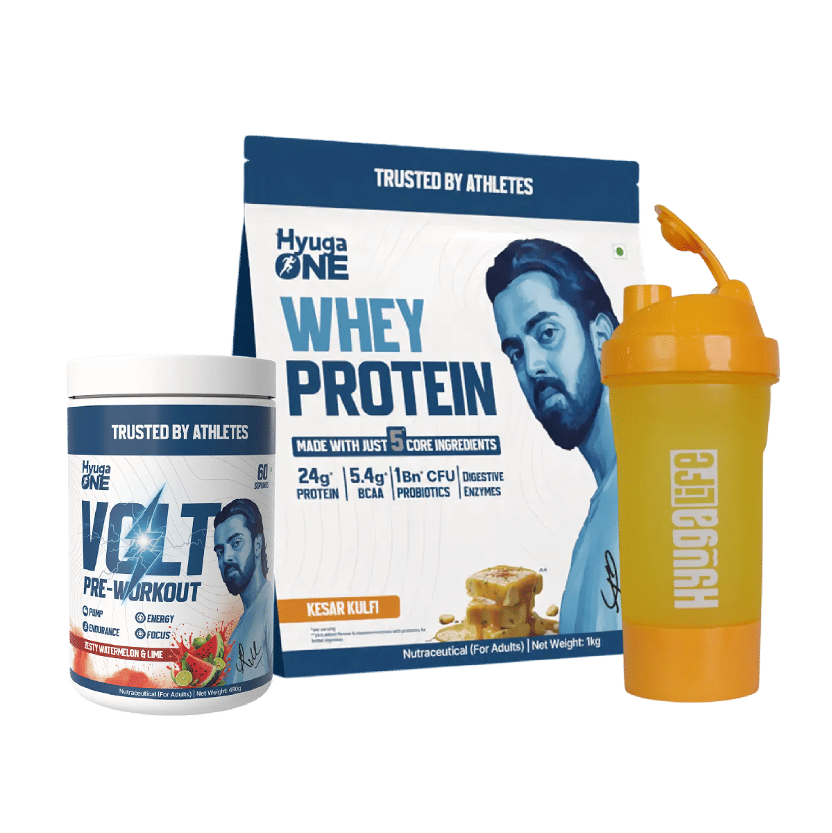 

Hyuga One Whey Protein Kesar Kulfi 24g Protein, 5.4g BCAA, Probiotics, Enzymes, Curcumin, No Sugar + VOLT Pre-Workout Zesty Watermelon & Lime 100mg...