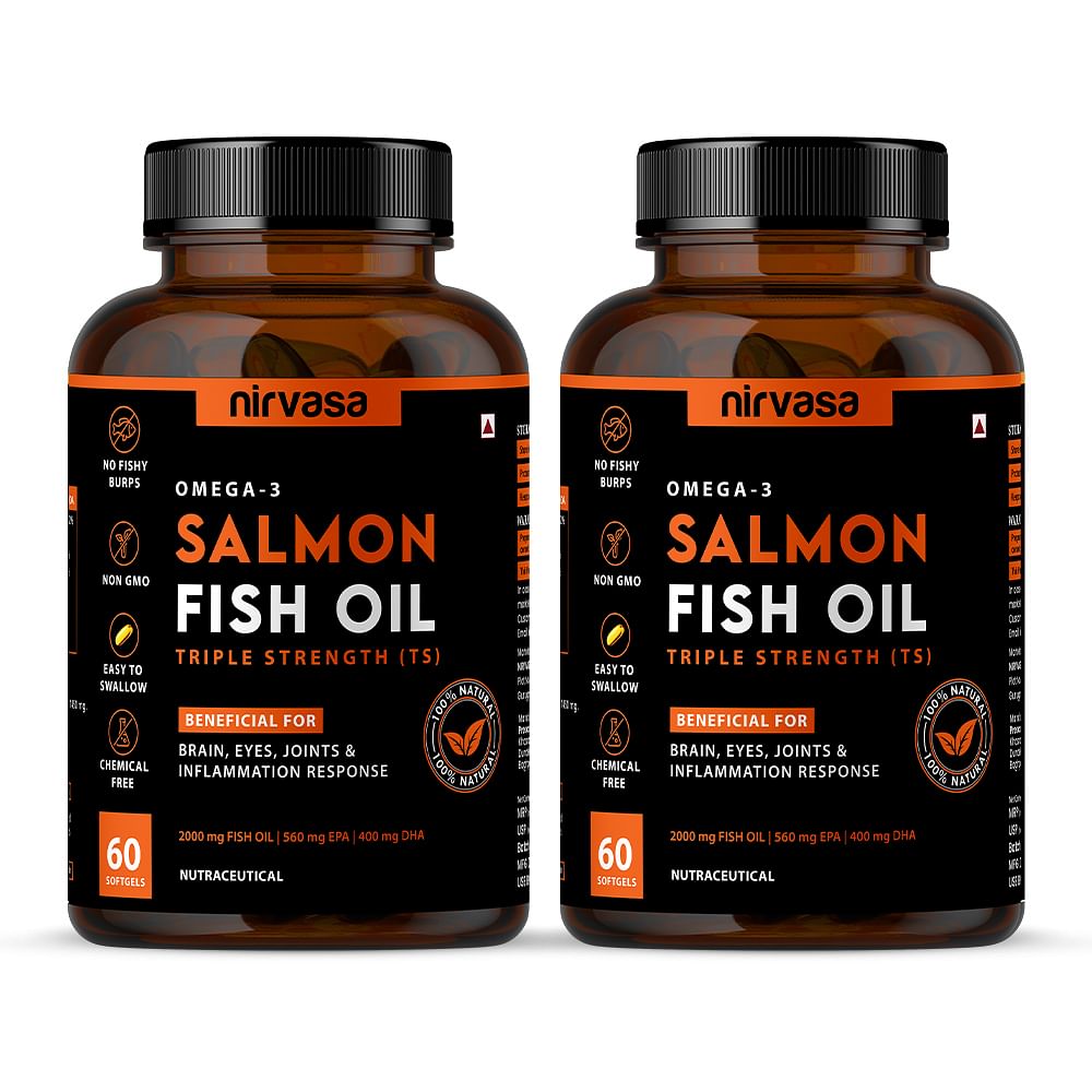 

NIRVASA OMEGA 3 SALMON FISH OIL SOFTGEL CAPSULES (TRIPLE STRENGTH) FOR MEN & WOMEN |2000MG SALMON FISH OIL, 560MG EPA & 400MG DHA - 60 PACK OF 2