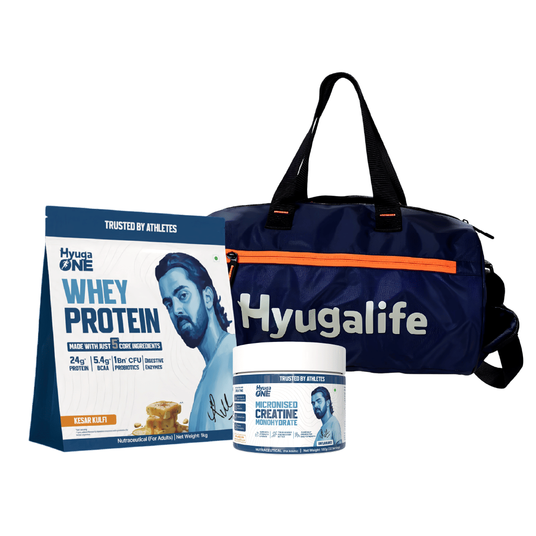 

Hyuga One Whey Protein Kesar Kulfi 24g Protein, 5.4g BCAA, Probiotics, Enzymes, Curcumin, No Sugar + Micronised Creatine 3.1g Unflavoured + HyugaLi...