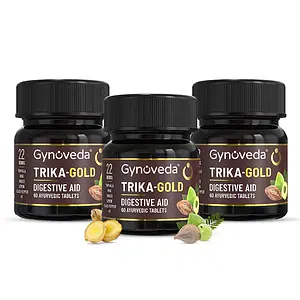 Gynoveda Triphala Ayurvedic Tablets for Digestion, Gas, Bloating | Trika-Gold, 3 Bottle, 180 Tablets | Alternative To Lab-made Digestive Enzymes, Bitter Syrups, Churna, Powders