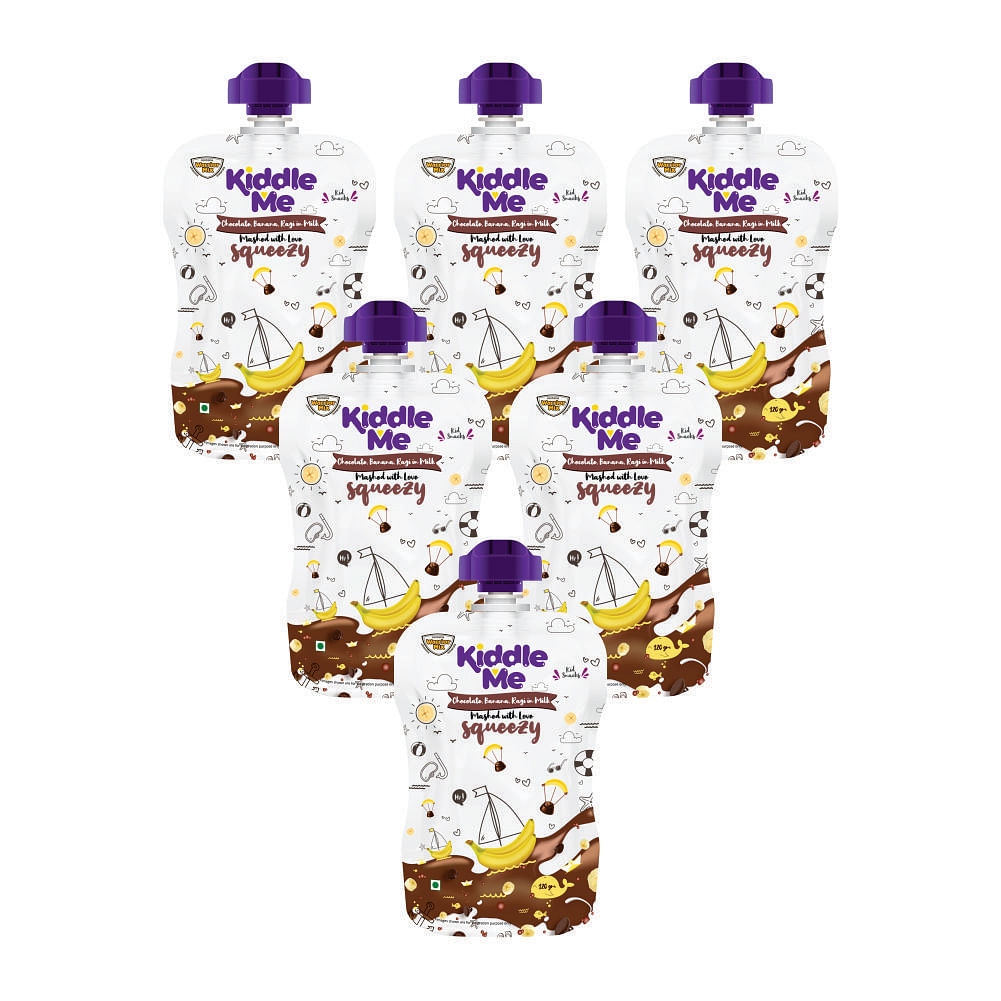 

Kiddle Me Squeezy Fruit Puree (120g-Pack of 6) | Milk Squeezy with Chocolate+Banana & Ragi | Fruit Puree Based Healthy Fortified Snacks for Kids